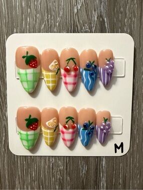 Fruit & Plaid Press-On Nail Set in Pastel Shades